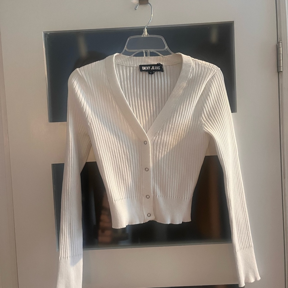 DKNY White Ribbed Knit Top